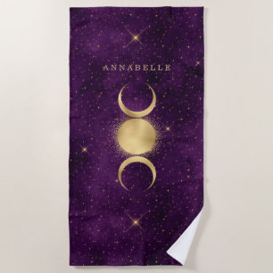 Gold Triple Moon Purple Celestial Personalized Beach Towel