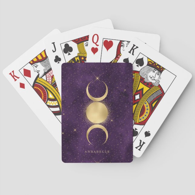 Gold Triple Moon Purple Starry Sky Personalized Poker Cards (Back)