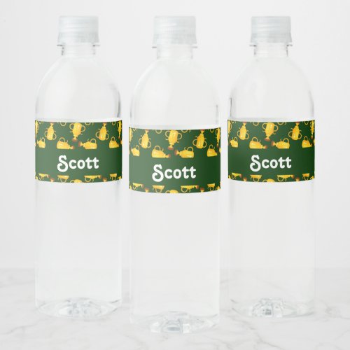 Gold trophies on green pattern water bottle label