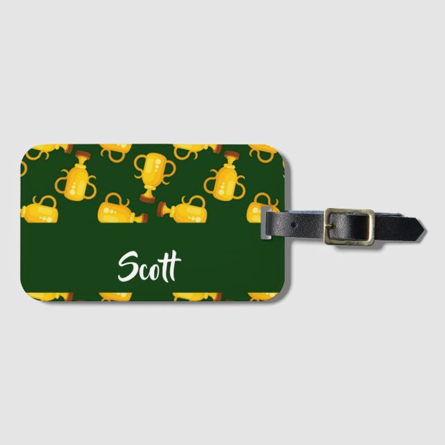Gold trophy green pattern luggage tag (Front Horizontal)