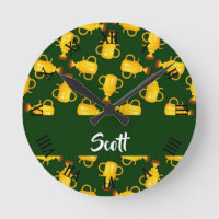 Gold trophy green pattern round clock