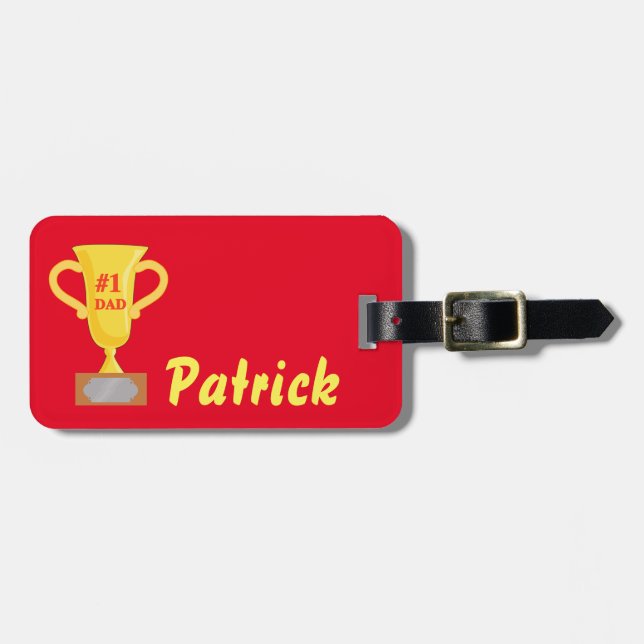 Gold Trophy Number 1 Dad Red Luggage Tag (Front Horizontal)