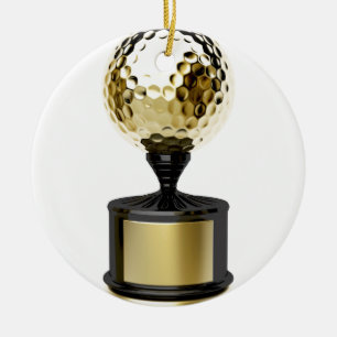 Gold trophy with golf ball ceramic ornament