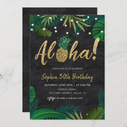 Gold Tropical Aloha Birthday Invitation