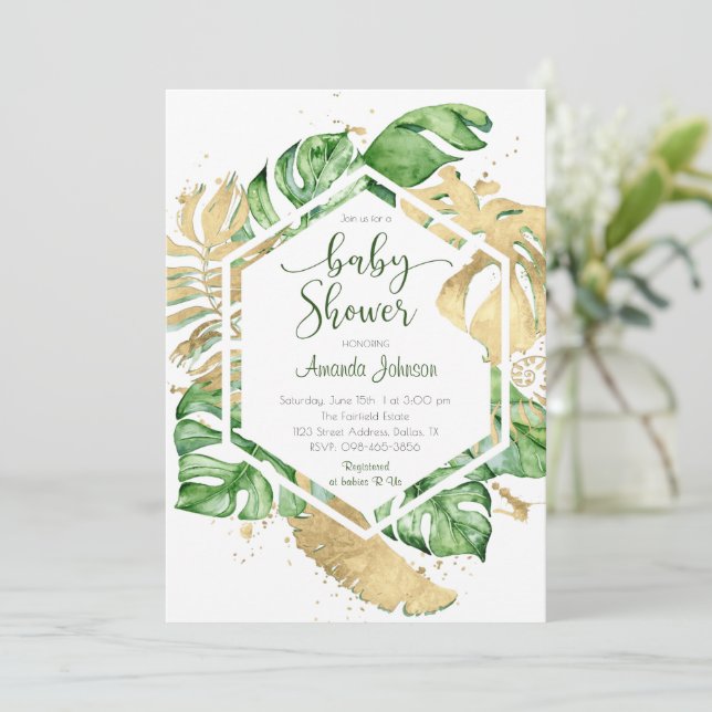 Gold Tropical Baby Shower Invitation (Standing Front)