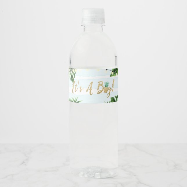 Gold Tropical Baby Shower It's A Boy  Water Bottle Label (Front)