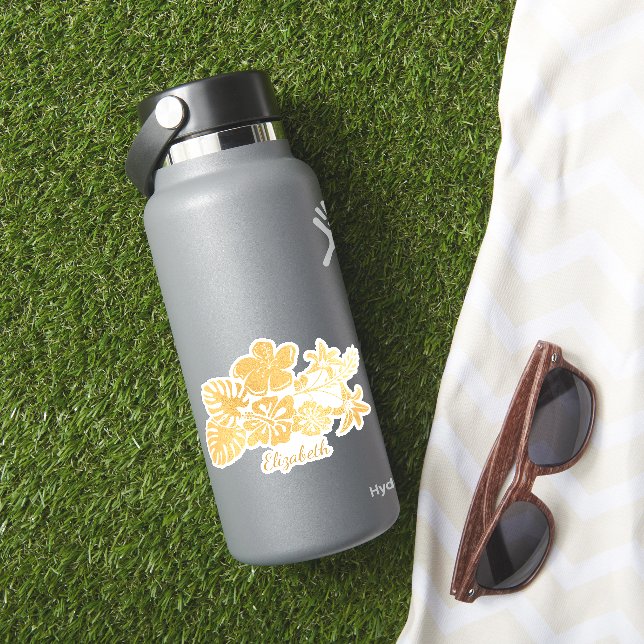 Gold Tropical Floral Leaves Personalized Sticker (HydroFlask Insitu)