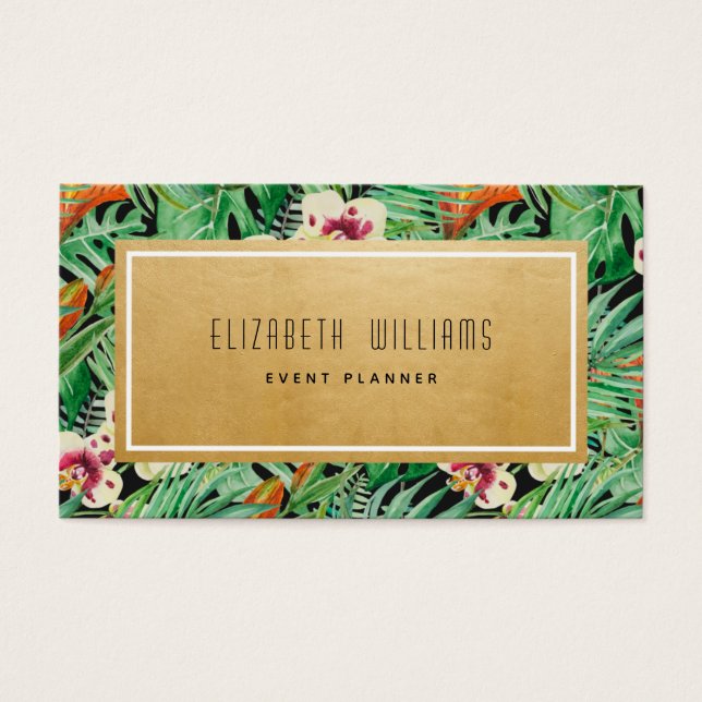 Gold Tropical Flowers Event Planner Business Card (Front)