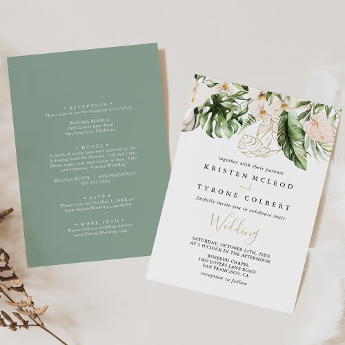 Gold Tropical Foliage Floral Front  Back Wedding  Invitation