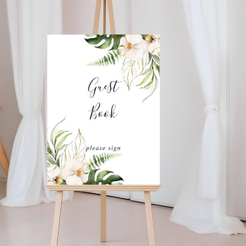 Gold Tropical Foliage Floral Guest Book Sign