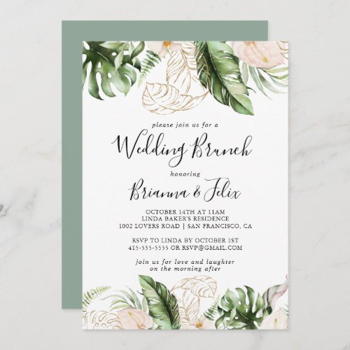 Gold Tropical Foliage Floral Wedding Brunch  Invitation