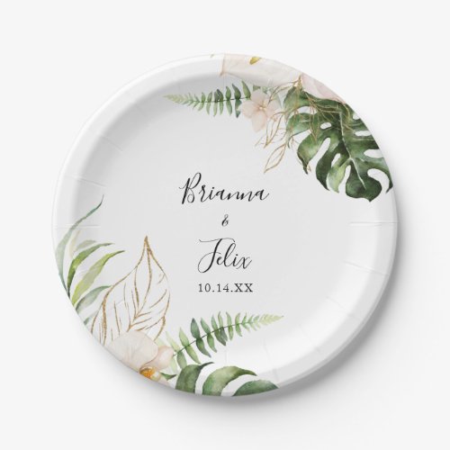 Gold Tropical Foliage Floral Wedding Cake  Paper Plates