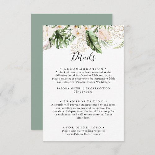 Gold Tropical Foliage Floral Wedding Details  Enclosure Card