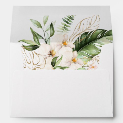 Gold Tropical Foliage Floral Wedding Invitation  Envelope