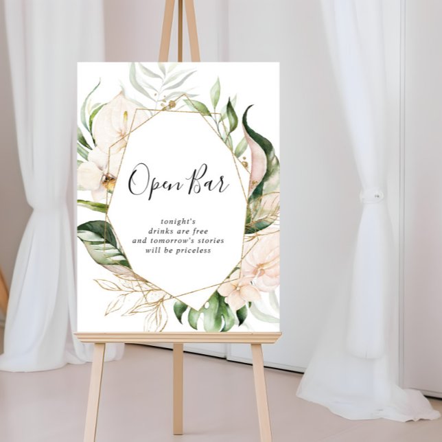 Gold Tropical Foliage Floral Wedding Open Bar Sign (Creator Uploaded)