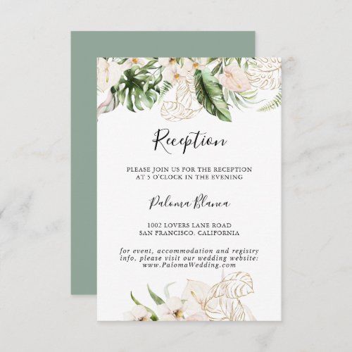 Gold Tropical Foliage Floral Wedding Reception  Enclosure Card