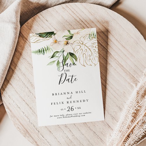 Gold Tropical Foliage Floral Wedding  Save The Date