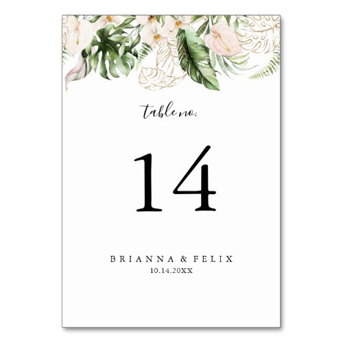 Gold Tropical Foliage Floral Wedding  Table Number