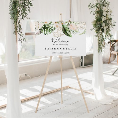 Gold Tropical Foliage Floral Wedding Welcome Sign