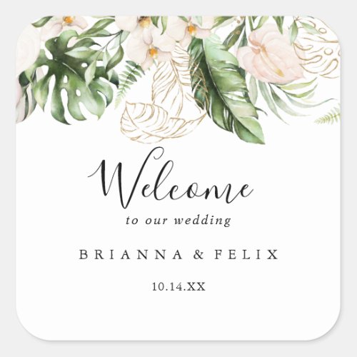 Gold Tropical Foliage Floral Wedding Welcome  Square Sticker