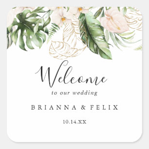 Gold Tropical Foliage Floral Wedding Welcome Square Sticker
