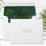 Gold Tropical Foliage Pre-Printed Address RSVP Envelope<br><div class="desc">This pre-printed return address RSVP envelope features gold tropical foliage,  monstera leaves,  palm tree leaves,   and banana leaves pattern on a green watercolor background.  It's perfect for a beach,  summer or destination wedding. >>> Check out the entire collection >>> https://www.zazzle.com/collections/tropical_foliage_gold_collection-119316977990783186</div>