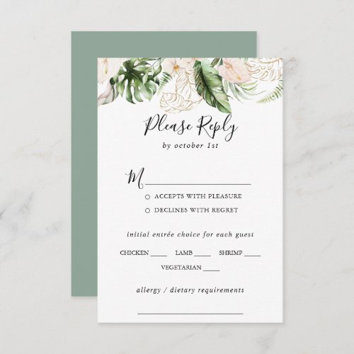 Gold Tropical Foliage Wedding Menu Choice RSVP