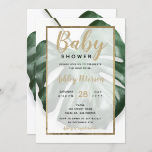 Gold tropical green monstera leaf baby shower invitation