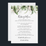 Gold Tropical Green Wedding Kissing Menu Game Card<br><div class="desc">This gold tropical green wedding kissing menu game card is perfect for a modern wedding reception. The design features hand-painted watercolor gold and green palm and banana leaves with pink flowers neatly arranged into beautiful bouquets.</div>