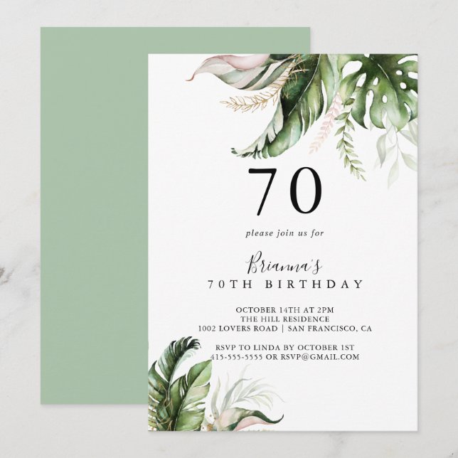 Gold Tropical Greenery 70th Birthday Party Invitation (Front/Back)