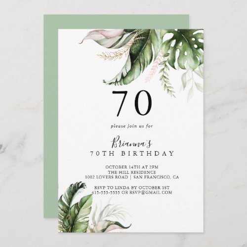 Gold Tropical Greenery 70th Birthday Party Invitation