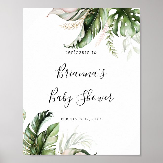 Gold Tropical Greenery Baby Shower Welcome Poster (Front)