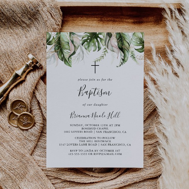Gold Tropical Greenery Baptism Invitation (Creator Uploaded)