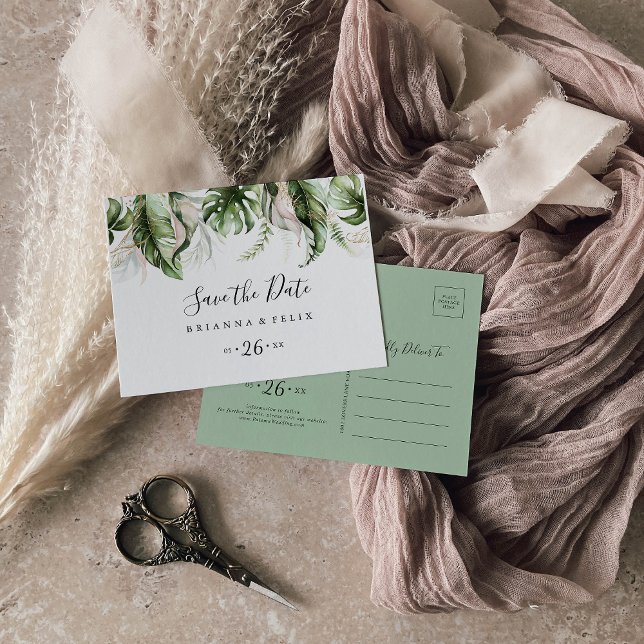 Gold Tropical Greenery Horizontal Save the Date Postcard (Creator Uploaded)