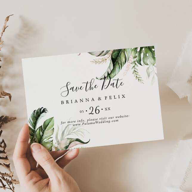 Gold Tropical Greenery Horizontal Wedding Save The Date (Creator Uploaded)