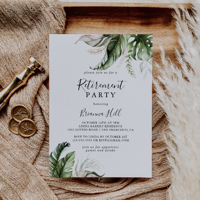 Gold Tropical Greenery Retirement Party Invitation (Creator Uploaded)
