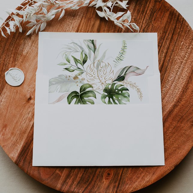 Gold Tropical Greenery Self-Addressed RSVP Envelope (Creator Uploaded)