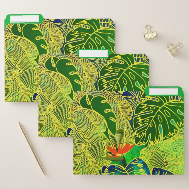 Gold Tropical Jungle Green Leaves Watercolor File Folder (Set)