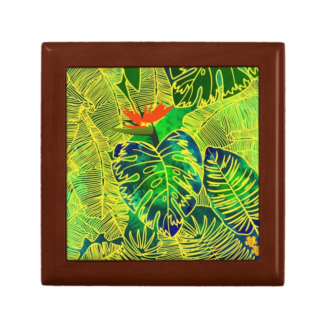 Gold Tropical Jungle Green Leaves Watercolor Gift Box (Front)