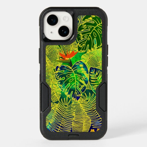 Gold Tropical Jungle Green Leaves Watercolor OtterBox iPhone 14 Case