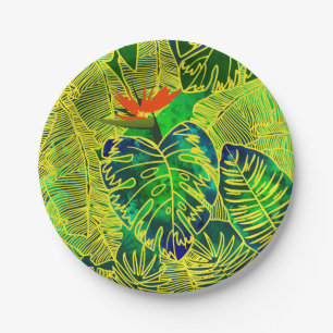 Gold Tropical Jungle Green Leaves Watercolor Paper Plates