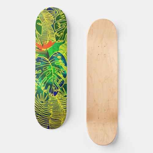 Gold Tropical Jungle Green Leaves Watercolor Skateboard