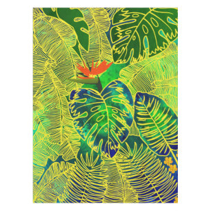 Gold Tropical Jungle Green Leaves Watercolor Tablecloth