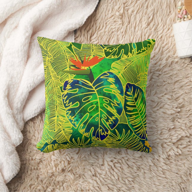 Gold Tropical Jungle Green Leaves Watercolor Throw Pillow (Blanket)