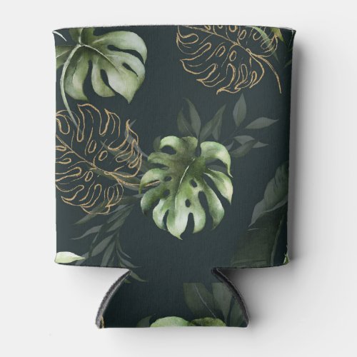 Gold Tropical Leaves Dark Watercolor Can Cooler