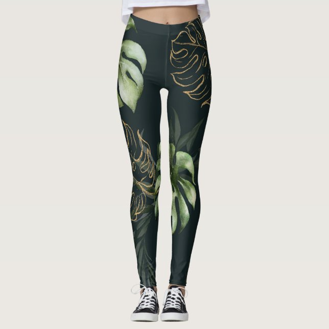Gold Tropical Leaves: Dark Watercolor Leggings (Front)