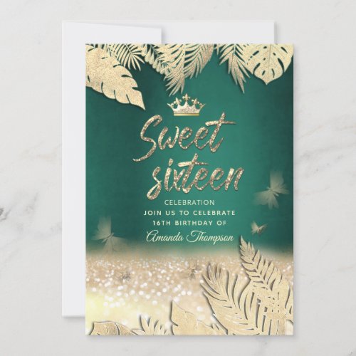 Gold tropical leaves glitter butterfly tiara  invitation