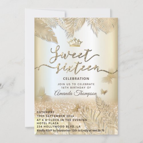 Gold tropical leaves glitter butterfly tiara  invitation