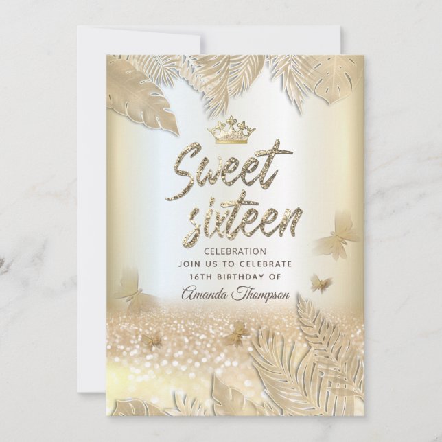 Gold tropical leaves glitter butterfly tiara  invitation (Front)