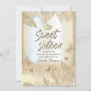 Gold tropical leaves glitter butterfly tiara  invitation